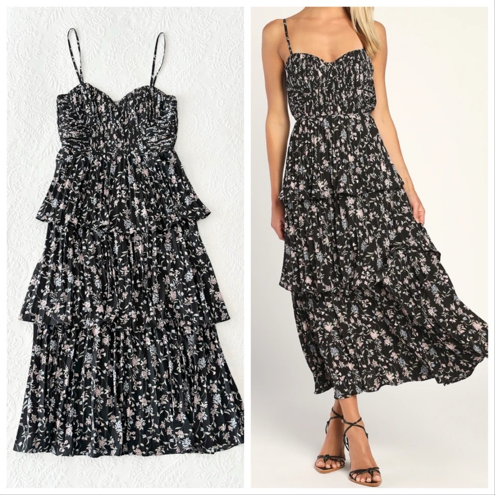 Lulus Cascading Crush Black Floral Print Tiered Bustier Midi Dress Small